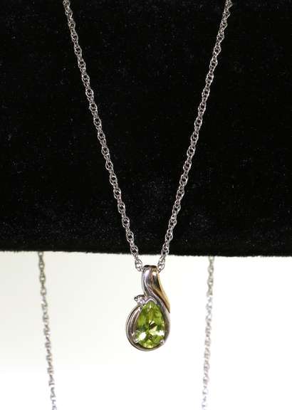 Charming Peridot and Diamond Pendant 14kt and Sterling Silver Necklace
