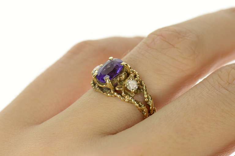 10K Yellow Gold Ornate Amethyst Diamond Accent Rope Design Ring