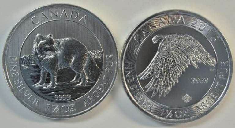 Superb Canada 2014 Arctic Fox & 2016 White Falcon Gem BU 1.5 oz pure Silver coins