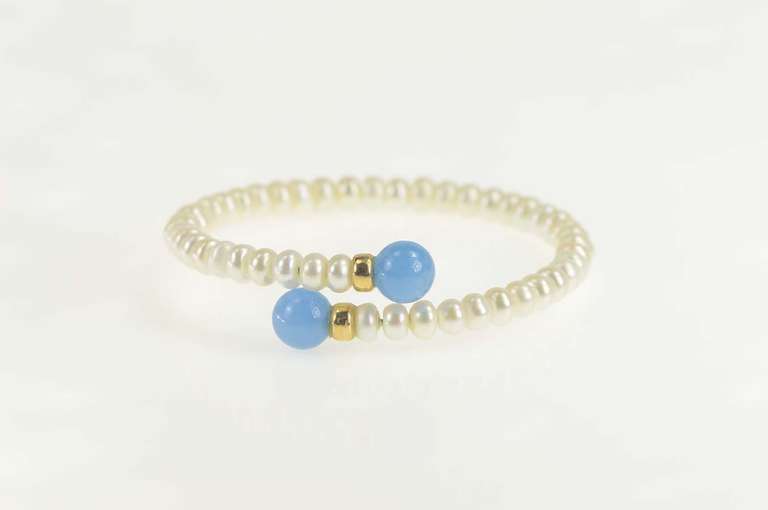 14K Yellow Gold Blue Chalcedony Pearl Bypass Statement Bracelet