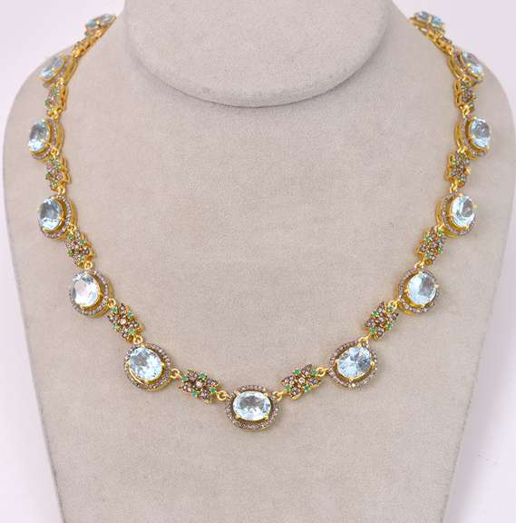 Ravishing 60.00CTW Blue Topaz, 12.00CTW Diamond & 0.75CTW Green Agate Jewelry Set in 18KT Gold Plated Sterling Silver Necklace & Earrings