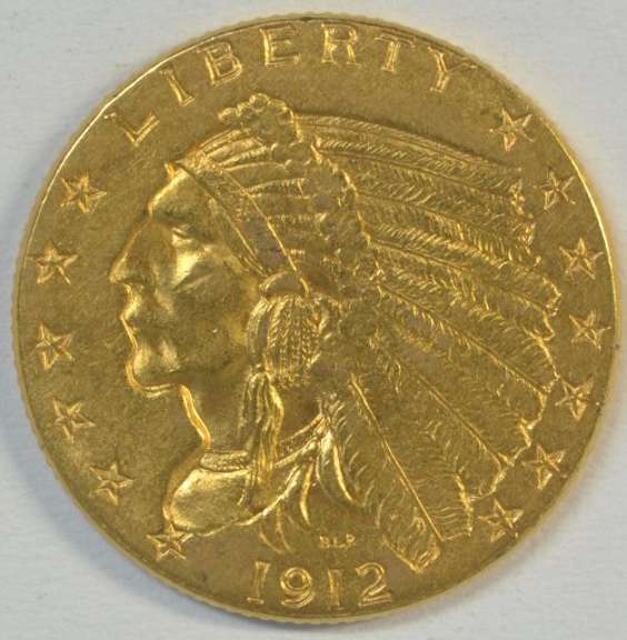 Golden fresh BU 1912 US $2.50 Indian Gold Piece. Better date