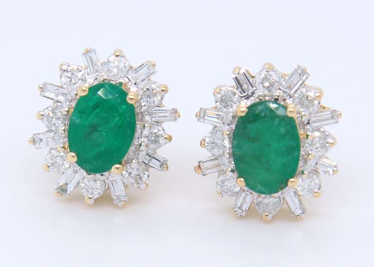 Powerful Yellow Gold Emerald w Baguette and RBC Halo Post Earrings