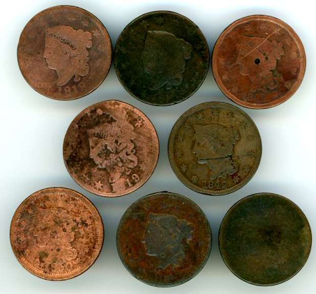 Group of 8 Low End Large Cents