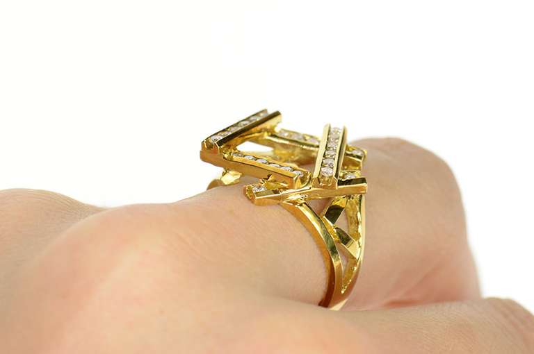 18K Yellow Gold 0.52 Ctw Retro Geometric Frame Statement Ring