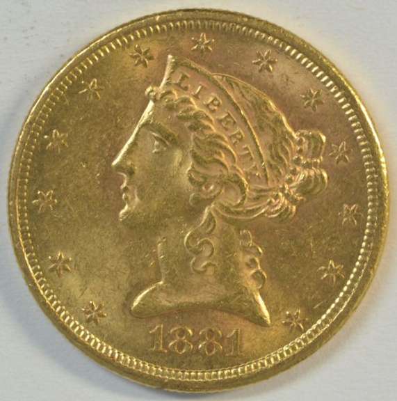 Lustrous BU 1881-S US $5 Liberty Gold Piece. Full strike