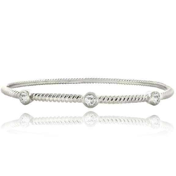 Silver Tone White Topaz Round Corrugated Bangle