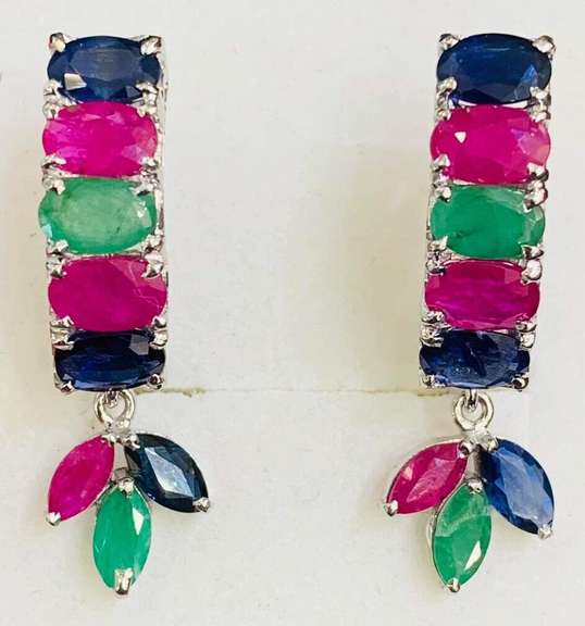 9.0 Carat Emerald, Ruby, & Blue Sapphire Earrings in 14kt Solid Yellow Gold