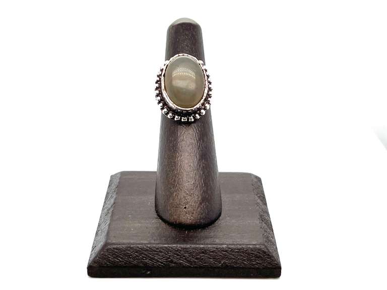 Oval Opalesque Gray Stone In Ornate Tibetan Silver Beaded Ring