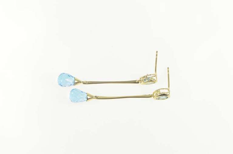 10K Yellow Gold Pear Blue Topaz Faceted Drop Dangle Bar Earrings