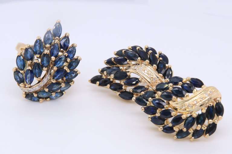 Attractive Yellow Gold Marquise Sapphire Cluster Earrings and Ring Set