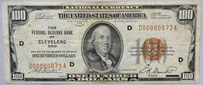 $100 1929 Series National Currency Note