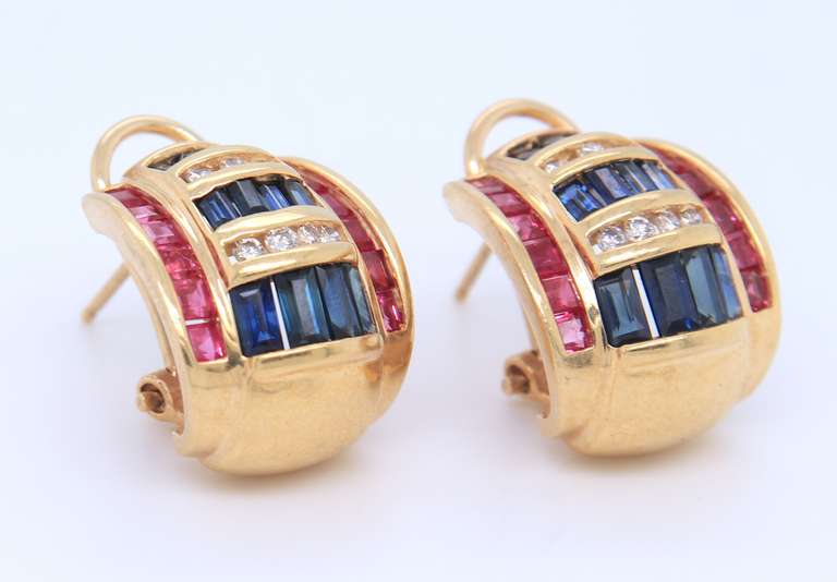 Fabulous Yellow Gold Blue Sapphire, Ruby and Diamond Earrings