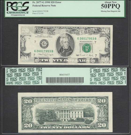 $20 1990 FRN Insufficient Inking Error Face PCGS About New 50PPQ