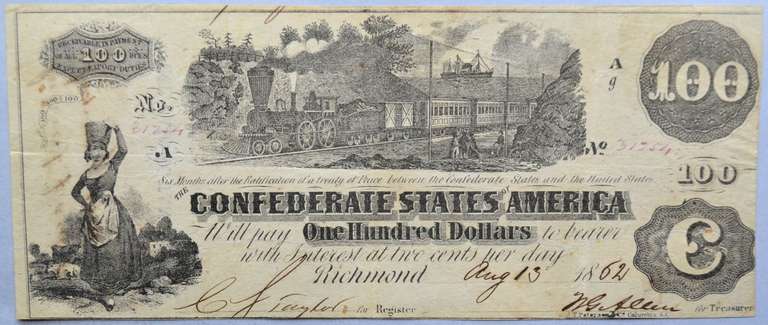 $100 CSA June 25 1862 Straight Steam Note