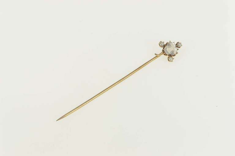 14K Yellow Gold Carved Moonstone Seed Pearl Flower Clover Stick Pin