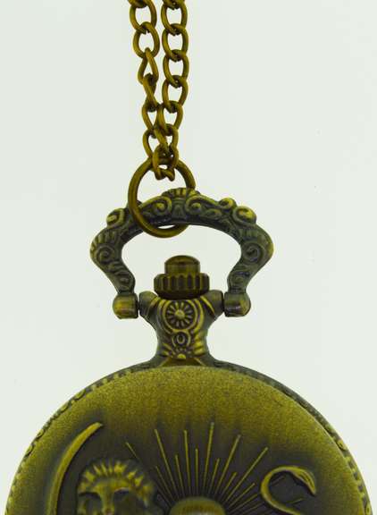 Unisex Bronze Tone Pendant Necklace Lion and Sward Pocket Quartz Watch