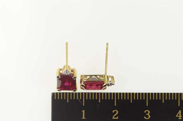10K Yellow Gold Emerald Cut Syn. Ruby Diamond Accent Stud Earrings