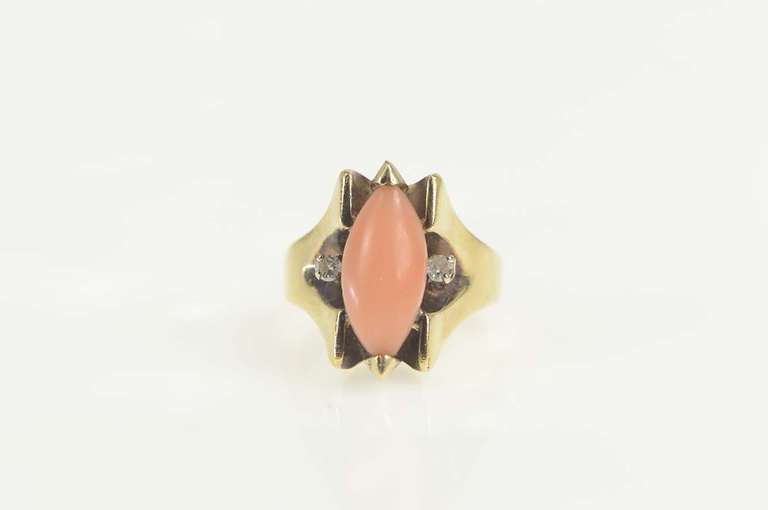 14K Yellow Gold 1960's Marquise Pink Coral Diamond Accent Ring