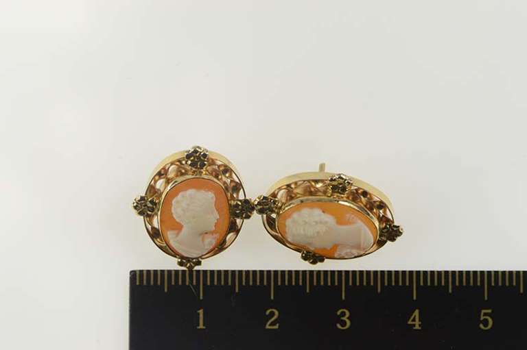14K Yellow Gold Arts & Crafts Carved Shell Cameo Statement Earrings
