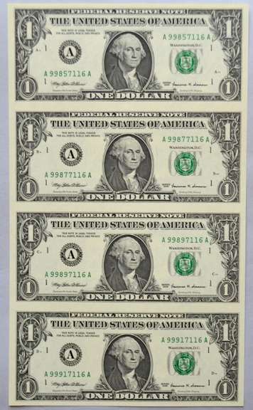 Sheet of 4 Uncut 1999 $1 Fed Reserve Notes