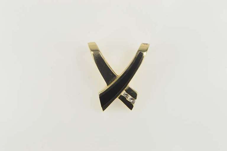 14K Yellow Gold Black Onyx Diamond X Criss Cross Slide Pendant