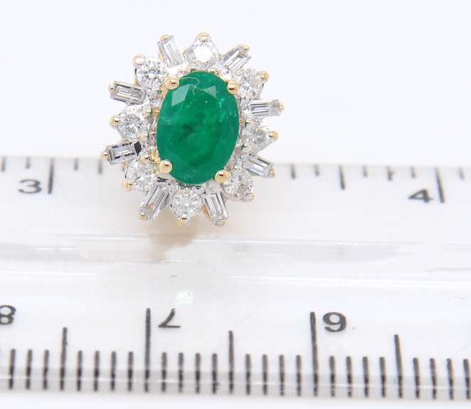 Powerful Yellow Gold Emerald w Baguette and RBC Halo Post Earrings