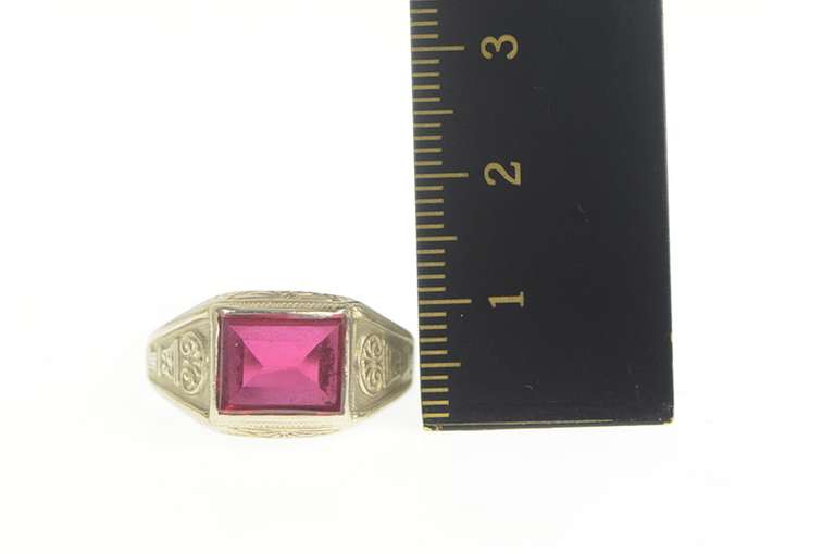 10K White Gold Art Deco Syn. Ruby Squared Statement Ring
