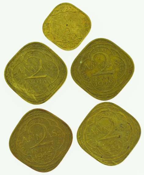 British India George VI King Emperor 1944 Coin 1/2 Anna and 2 Annas Lot of Five