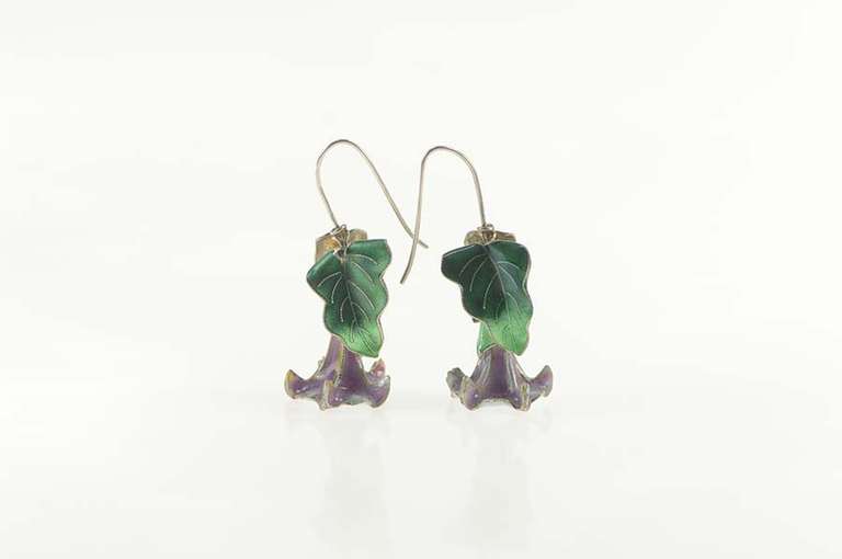 Sterling Silver Purple Blue Bell Enamel Flower Dangle Earrings