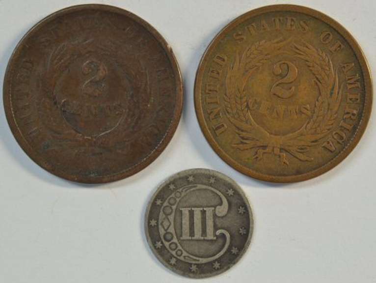 1864 & 1865 Two Cent Pieces & 1852 Three Cent Silver Piece