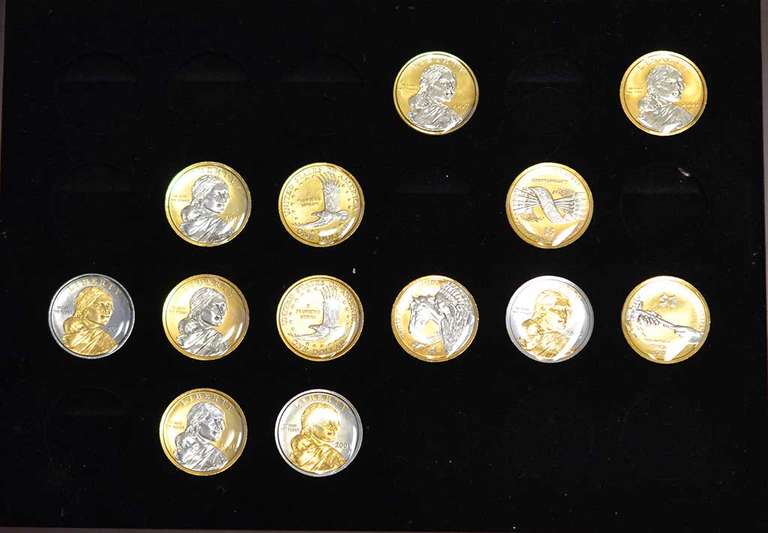 Lot Of 19 Gold And Platinum Highlighted Native American Dollars In Wooden Display Box.