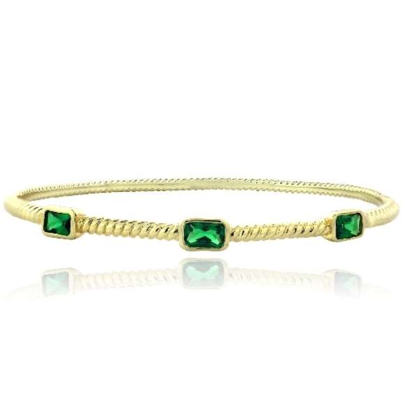 Gold Tone Created Green Quartz Rectangular Corrugated Bangle