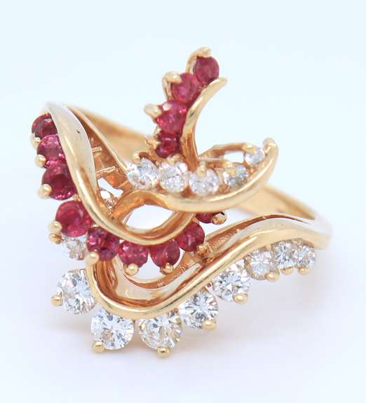 Powerful Yellow Gold Round Cut Ruby and Diamond Ring