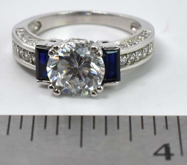 Sterling Silver Sapphire And CZ Ring