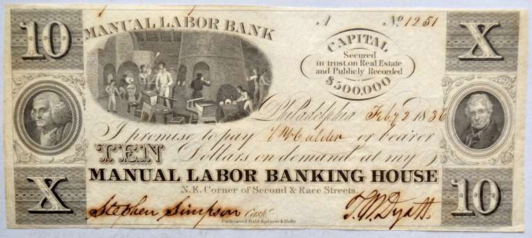 Feb 2 1836 $10 Manual Labor Bank  Philadelphia Note