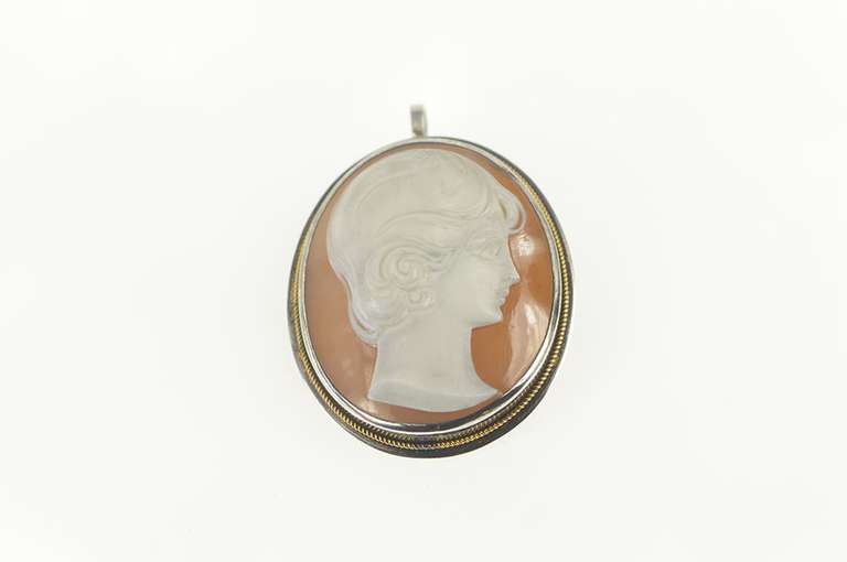 Sterling Silver Retro Carved Shell Cameo Lady Pendant/Pin