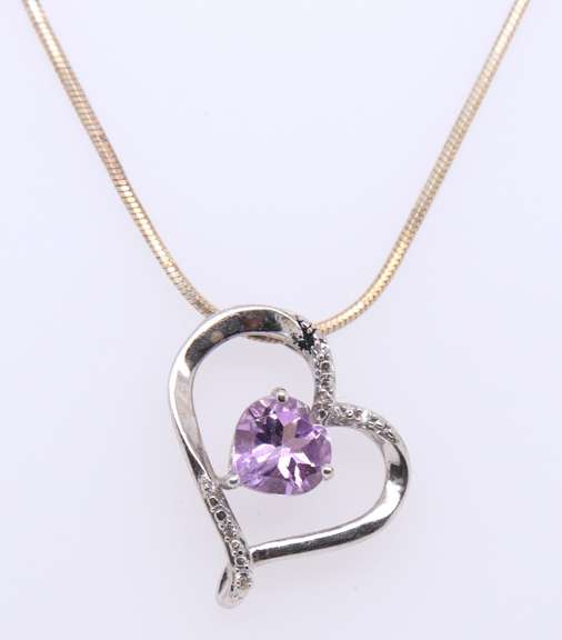 Vintage Italian Sterling Silver Amethyst Heart Shaped Pendant on Chain