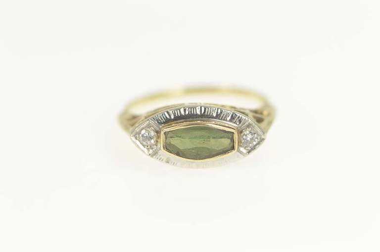 10K Yellow Gold Art Deco Green Tourmaline Diamond Accent Ring