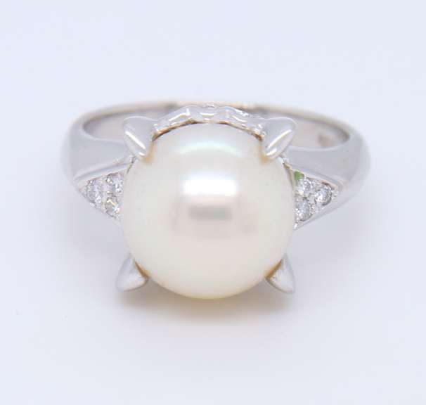 Vintage Platinum 10mm Pearl and Diamond Ring