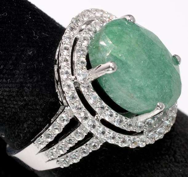 Fabulous, Massive 9.12CTW Emerald Ring & Tiered Sapphire Halo, Sterling