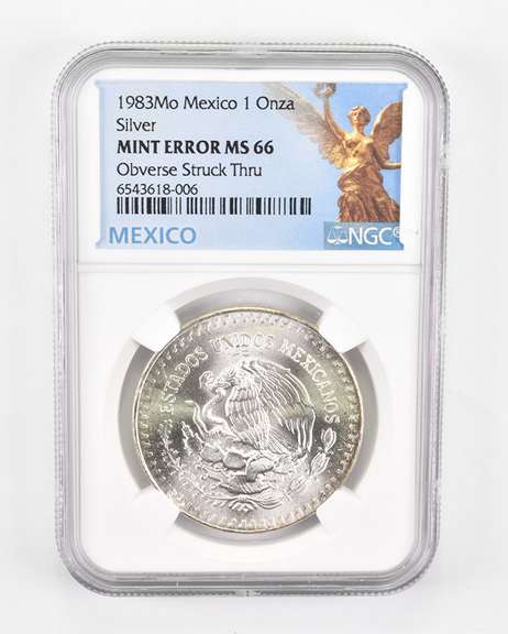 Mint Error MS66 1983 Mo Mexico 1 Silver Onza - OBV Struck Thru - NGC