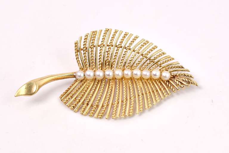 Fancy Pearl Leaf Pin in 14K Yellow Gold