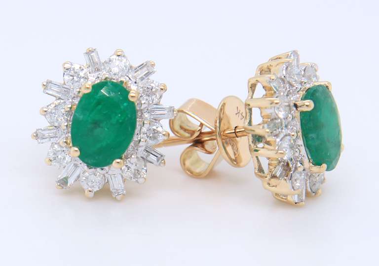 Powerful Yellow Gold Emerald w Baguette and RBC Halo Post Earrings