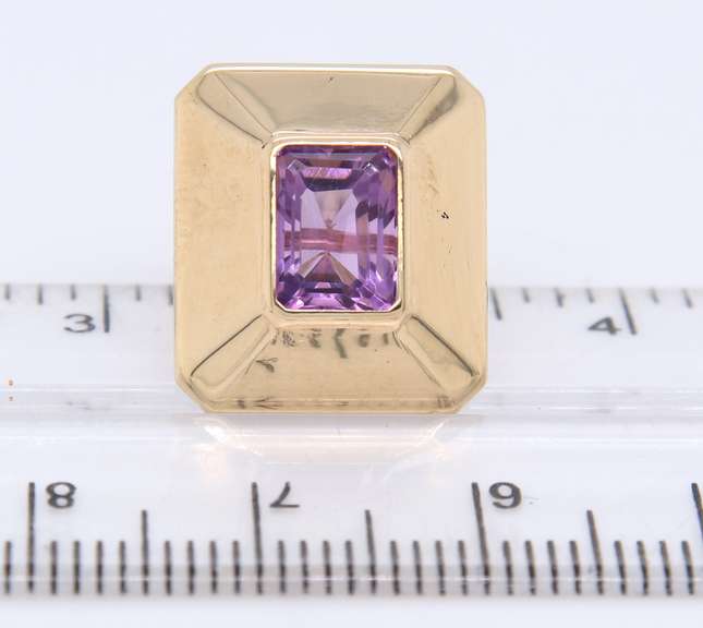 Gorgeous Yellow Gold Emerald Cut Bezel Set Amethyst Earrings