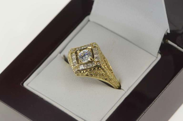 14K Yellow Gold Art Deco Revival Filigree Travel Engagement Ring