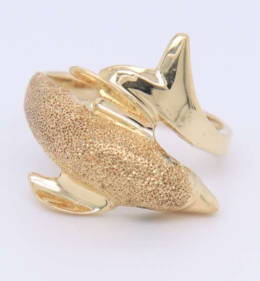 Gorgeous Yellow Gold Dolphin Bypass Ring w Emerald Eye