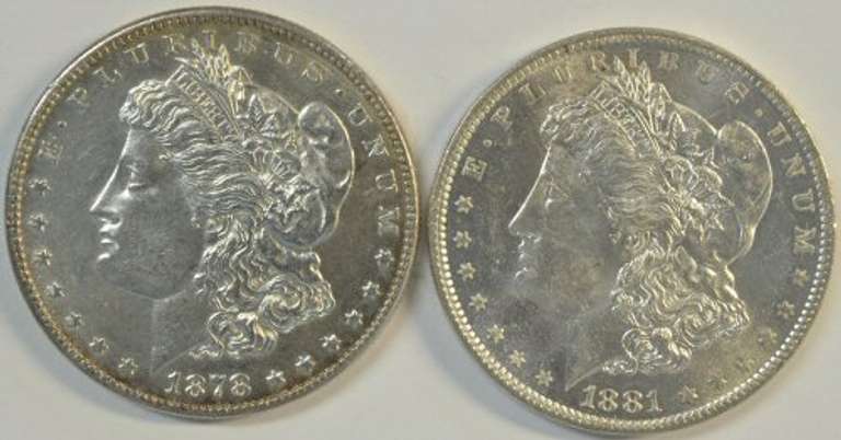 Prooflike 1878-S & 1881-O Morgan Silver Dollars. Choice BU