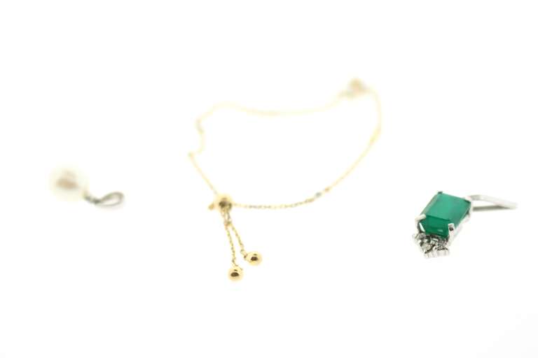 3 Pack - Emerald and Diamond Pendant, Pearl and Diamond Pendant, and Baby Bracelet with Pearl Cluster and Diamonds