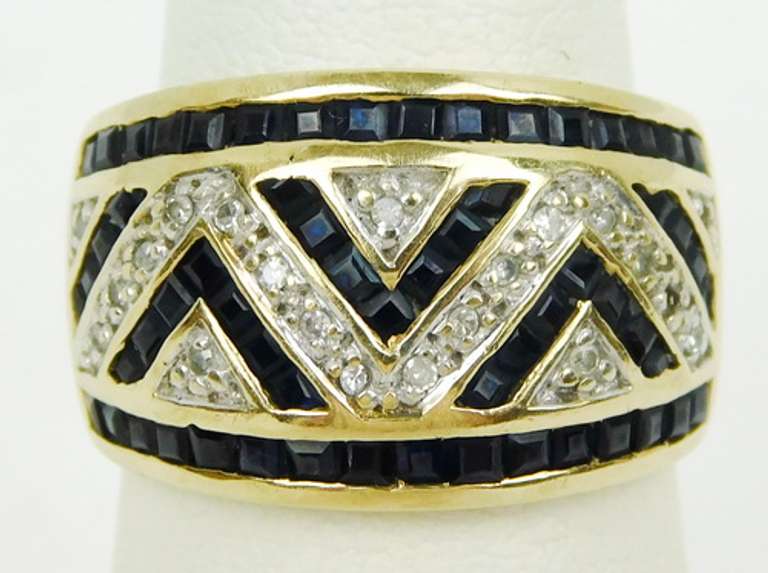 10K Blue Sapphires & Diamonds Wide Band, Size 6
